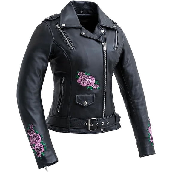 First Mfg Co - Bloom - Women's Motorcycle Biker Riding Black Leather Jacket - 2X Large - Armor Pockets Back Relief Zippers