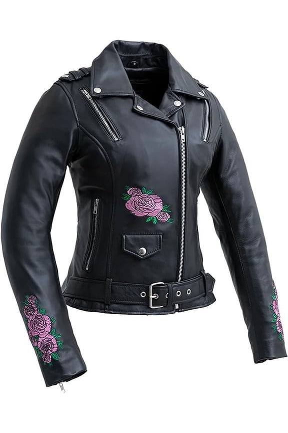 - Bloom - Women's Motorcycle Biker Riding Black Leather Jacket - 5X Large - Armor Pockets Back Relief Zippers