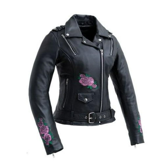 First Mfg Co - Bloom - Women's Motorcycle Biker Riding Black Leather Jacket - Extra Small - Armor Pockets Back Relief Zippers