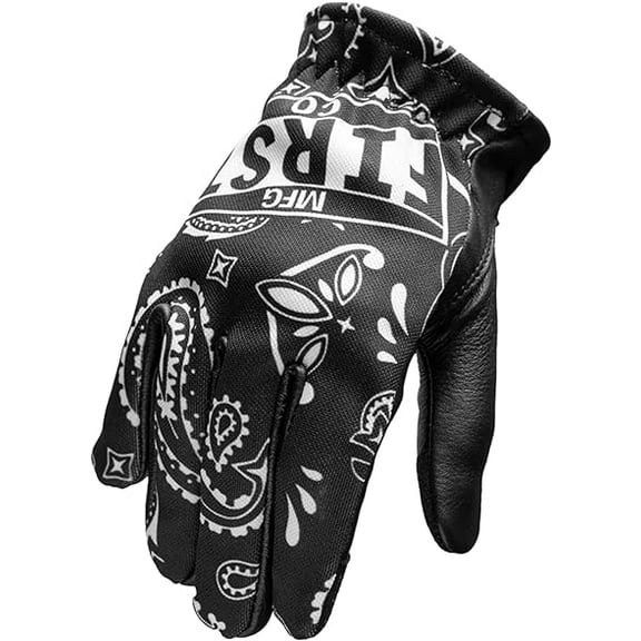First Mfg Co - Clutch - Men's Motorcycle Biker Riding Black White Paisley Leather Gloves - 4X Large - Stretch Polyester