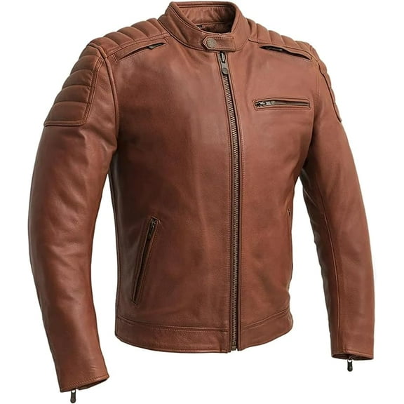 First Mfg Co - Crusader - Men's Motorcycle Biker Riding Whiskey Leather Jacket - 2X Large - Action Back Armor Pockets Vented