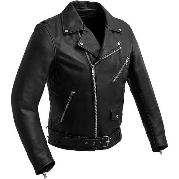 First Mfg Co - Fillmore - Men's Motorcycle Biker Riding Black Leather Jacket - Large - Action Back Armor pockets Belted Grommets Gussets
