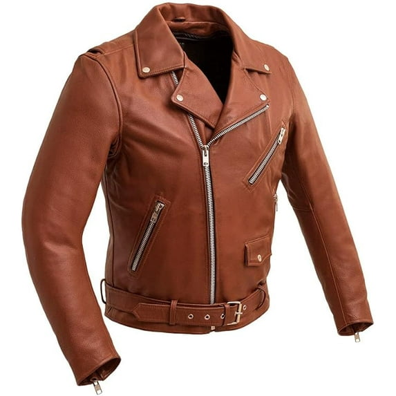 First Mfg Co - Fillmore - Men's Motorcycle Biker Riding Whiskey Leather Jacket - 5X Large - Action Back Armor pockets Belted Grommets Gussets