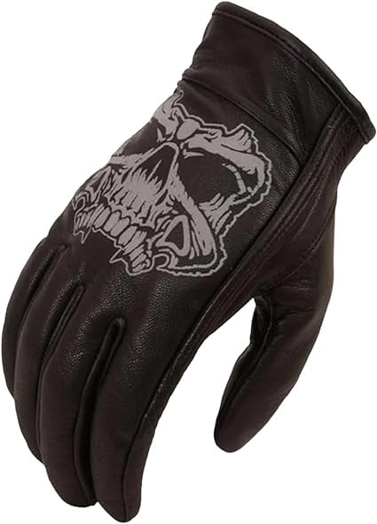 First Mfg Co - Ghost - Men's Motorcycle Biker Riding Black Leather Gloves - Extra Large - Gel Padding Reflective Skull Design