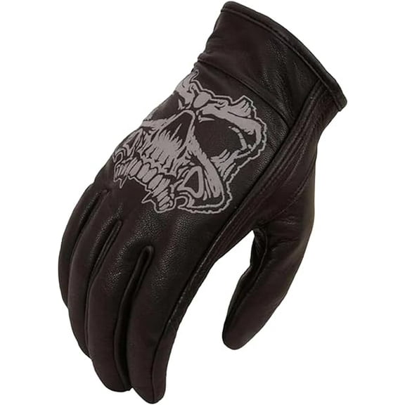 First Mfg Co - Ghost - Men's Motorcycle Biker Riding Black Leather Gloves - Extra Large - Gel Padding Reflective Skull Design