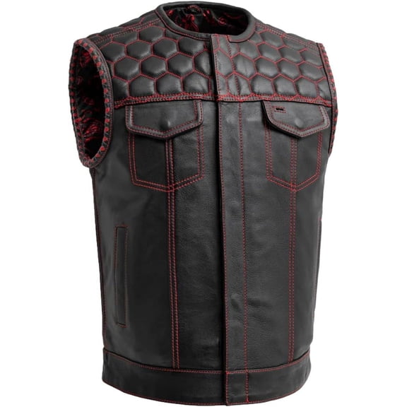 First Mfg Co - Hornet - Men's Motorcycle Biker Riding Black Red Leather Vest - 2X Large