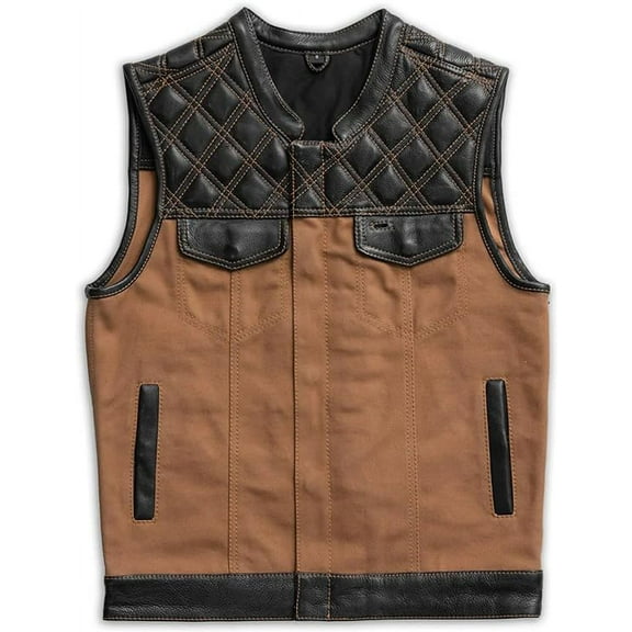 First Mfg Co - Hunt Club - Men's Motorcycle Biker Riding Tan Leather, Canvas Vest - Extra Large - Diamond Quilted Cowhide Leather