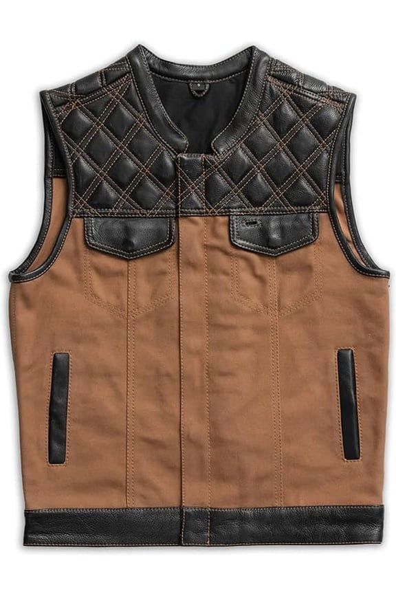 - Hunt Club - Men's Motorcycle Biker Riding Tan Leather, Canvas Vest - Large - Diamond Quilted Cowhide Leather