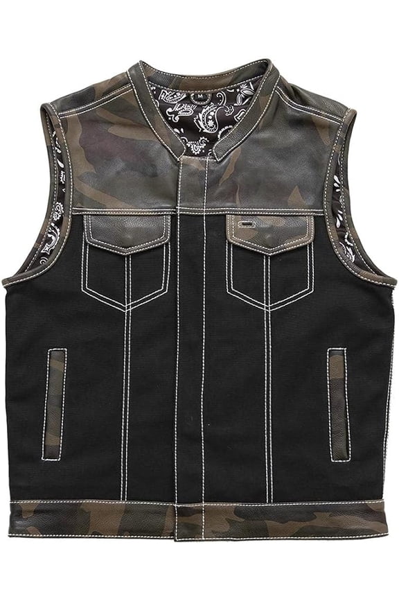 - Infantry - Men's Motorcycle Biker Riding Camouflage Leather, Canvas Vest - Small