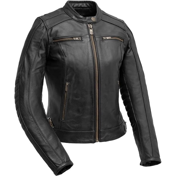 First Mfg Co - Jada - Women's Motorcycle Biker Riding Black Leather Jacket - Extra Large - Belted Gussets Padded Arm Reflective Piping Vented