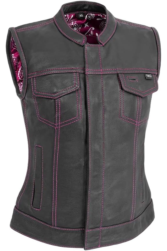 - Jessica - Women's Motorcycle Biker Riding Black Pink Leather Vest - Large