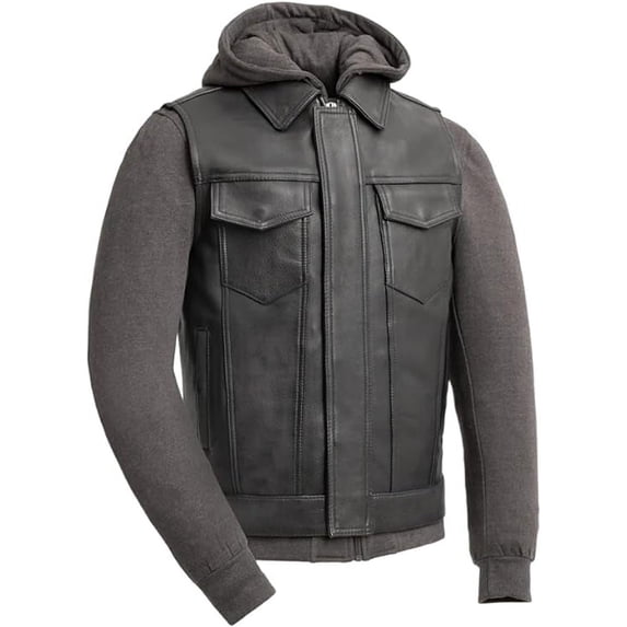 First Mfg Co - Kent - Men's Motorcycle Biker Riding Black Grey Leather Grey Sweatshirt Vest - Extra Large - Hooded