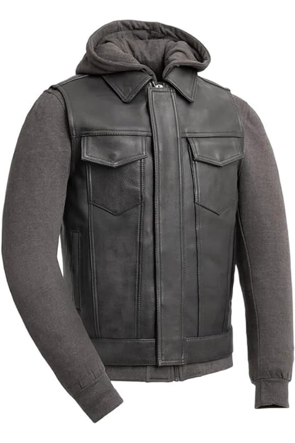 - Kent - Men's Motorcycle Biker Riding Black Grey Leather Grey Sweatshirt Vest - Large - Hooded
