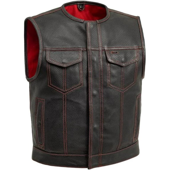 First Mfg Co - Lowside - Mens Motorcycle Biker Riding Black Red Perforated Leather Vest - Extra Large