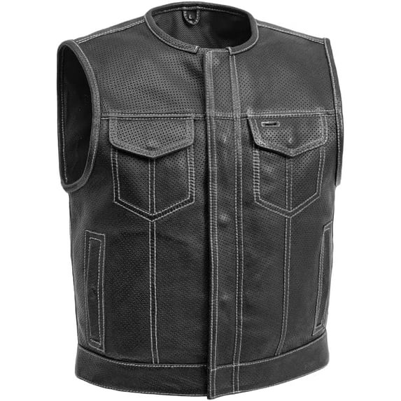 First Mfg Co - Lowside - Mens Motorcycle Biker Riding Black White Perforated Leather Vest - 5X Large