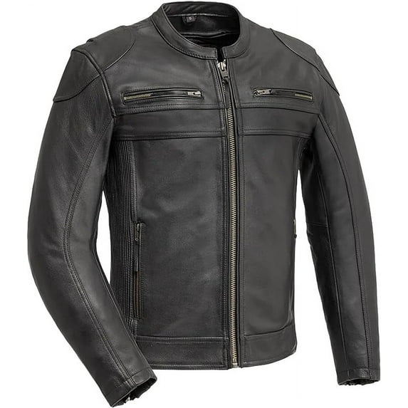 First Mfg Co - Nemesis - Men's Motorcycle Biker Riding Black Leather Jacket - Small - Action Back Gussets Stretch Panels Vented Padded Kidney Belt