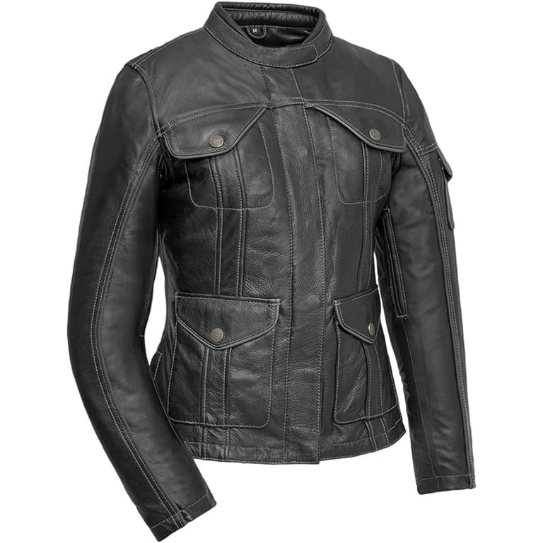 Outlander Women s Motorcycle Leather Jacket Black 5XL