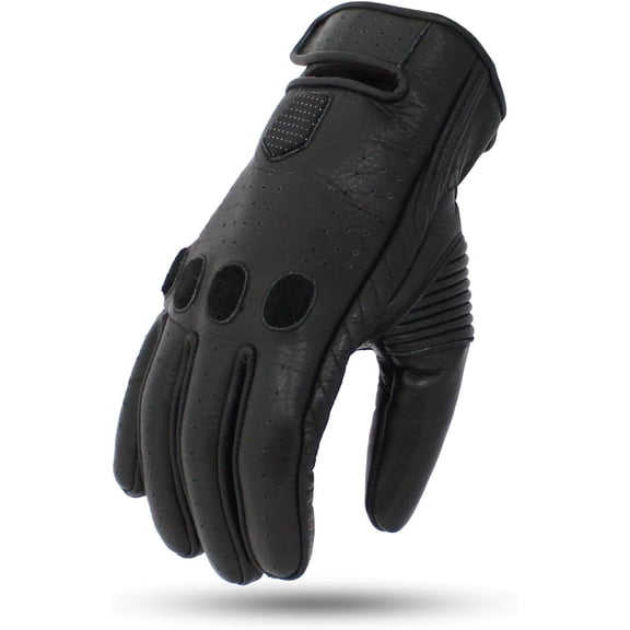 First Mfg Co - Pinnacle - Men's Motorcycle Biker Riding Black Leather Gloves - Large - Padded Knuckles Perforated Leather Stretch Panels