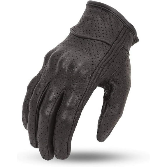First Mfg Co - Razer - Men's Motorcycle Biker Riding Black Leather Gloves - Extra Large - Adjustable Strap Knuckle Protection Padded Palm Perforated Leather
