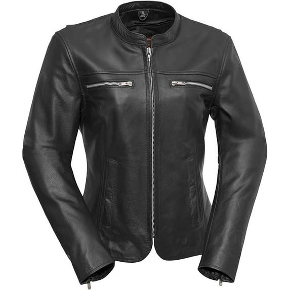 First Mfg Co - Roxy - Women's Motorcycle Biker Riding Black Leather Jacket - Large - Action Back Armor Pockets Side Relief Zippers Vented