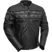 First Mfg Co - Savage Skulls - Mens Motorcycle Biker Riding Black Leather Jacket - Large - Reflective skull design on chest, shoulders, and upper back