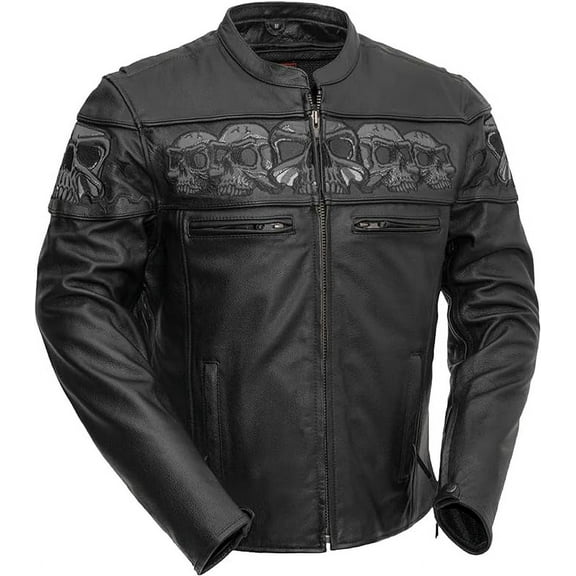 First Mfg Co - Savage Skulls - Men's Motorcycle Biker Riding Black Leather Jacket - Medium - Reflective skull design on chest, shoulders, and upper back