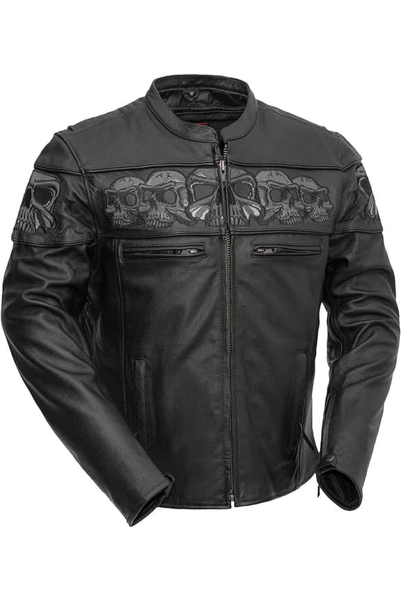 - Savage Skulls - Men's Motorcycle Biker Riding Black Leather Jacket - Medium - Reflective skull design on chest, shoulders, and upper back