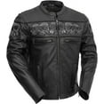 thumbnail image 1 of First Mfg Co - Savage Skulls - Men's Motorcycle Biker Riding Black Leather Jacket - Small - Reflective skull design on chest, shoulders, and upper back, 1 of 5