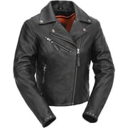 First Mfg Co - Scarlett Star - Womens Motorcycle Biker Riding Black Leather Jacket - Extra Small - Action Back Adjustable Collar Thermal Liner