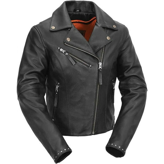 First Mfg Co - Scarlett Star - Women's Motorcycle Biker Riding Black Leather Jacket - Extra Small - Action Back Adjustable Collar Thermal Liner