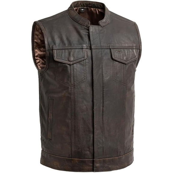 First Mfg Co - Sharp Shooter - Men's Motorcycle Biker Riding Black Brown Leather Vest - Extra Large - Armor Pocket
