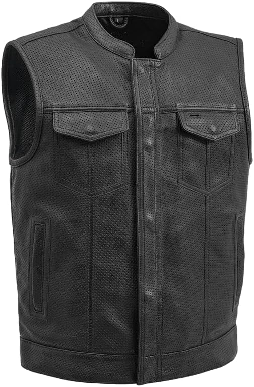 Men's Black Perforated Leather & Mesh Biker Vest – Concealed Carry, Full Zip, Breathable