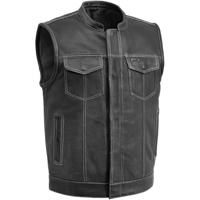 First Mfg Co Sharp Shooter Mens Motorcycle Biker Riding Perforated Leather Black White Vest with Mesh lining 4X Large