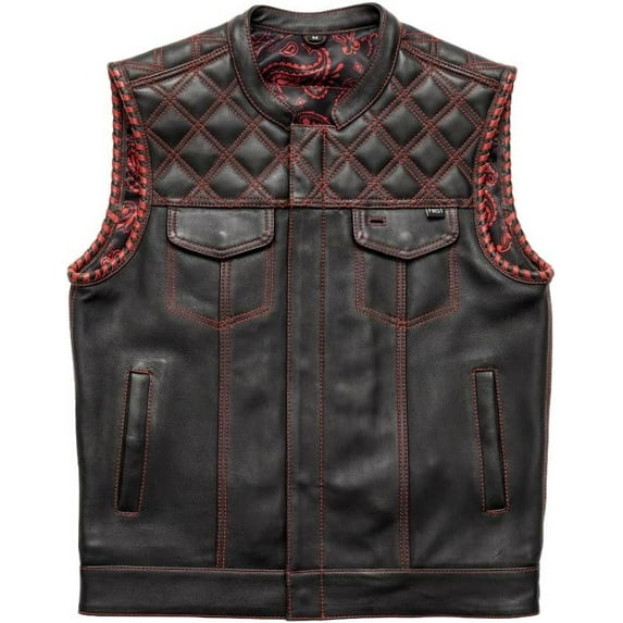 First Mfg Co - Sinister - Men's Motorcycle Biker Riding Black Red Leather Vest - Extra Large