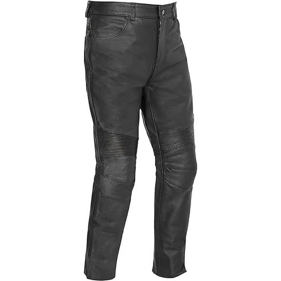 First Mfg Co - Smarty Pants - Unisex Motorcycle Biker Riding Black Leather Pants - Size 46 - Stretch Panel Above The Knee Back Stretch Panel Below The Belt