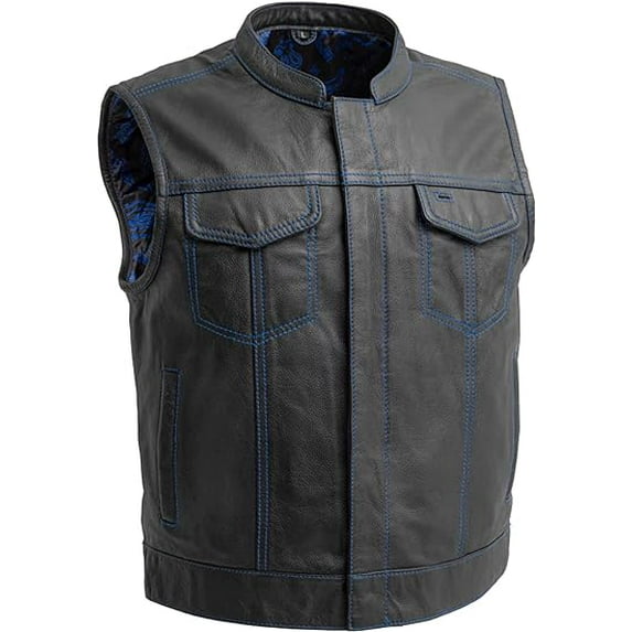 First Mfg Co - The Club Cut - Men's Motorcycle Biker Riding Black Blue Leather Vest - Medium
