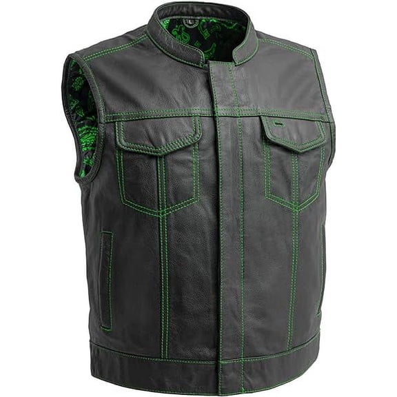 First Mfg Co - The Club Cut - Men's Motorcycle Biker Riding Black Green Leather Vest - Medium