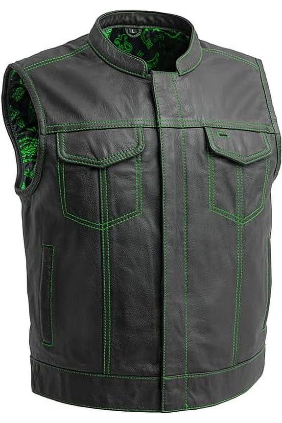 - The Club Cut - Men's Motorcycle Biker Riding Black Green Leather Vest - Medium