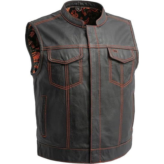 First Mfg Co - The Club Cut - Men's Motorcycle Biker Riding Black Orange Leather Vest - Large