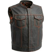 First Mfg Co - The Club Cut - Mens Motorcycle Biker Riding Black Orange Leather Vest - Large
