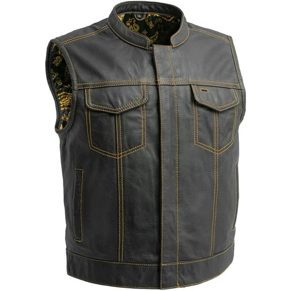 First Mfg Co - The Cut - Men's Motorcycle Biker Riding Black Gold Leather Vest - Extra Large
