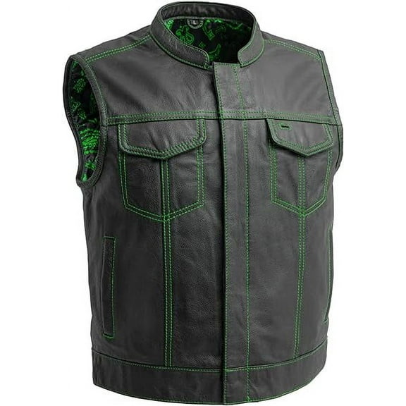First Mfg Co - The Cut - Men's Motorcycle Biker Riding Black Green Leather Vest - 3X Large