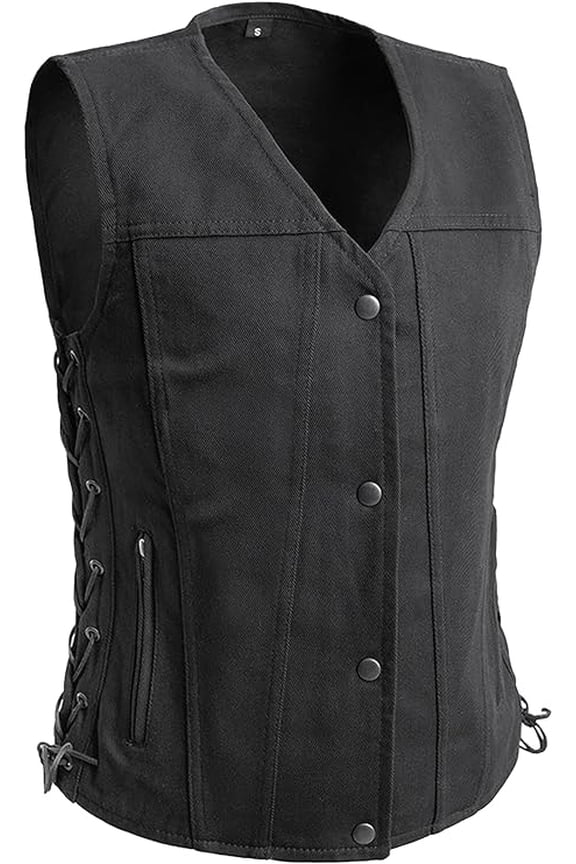 - Tiff - Women's Motorcycle Biker Riding Black Twill Vest - Medium - Adjustable Lacing