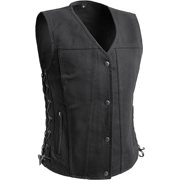 First Mfg Co - Tiff - Women's Motorcycle Biker Riding Black Twill Vest - Small - Adjustable Lacing