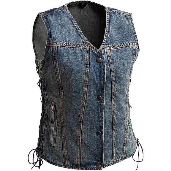 First Mfg Co - Tiff - Women's Motorcycle Biker Riding Blue Denim Vest - 4X Large - Adjustable Lacing