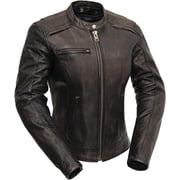 First Mfg Co - Trickster - Womens Motorcycle Biker Riding Black Olive Leather Jacket - 2X Large - Action Back Lightweight