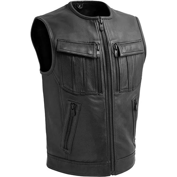 First Mfg Co - Unbeatable - Men's Motorcycle Biker Riding Black Leather Vest - 2X Large - Armor Pockets