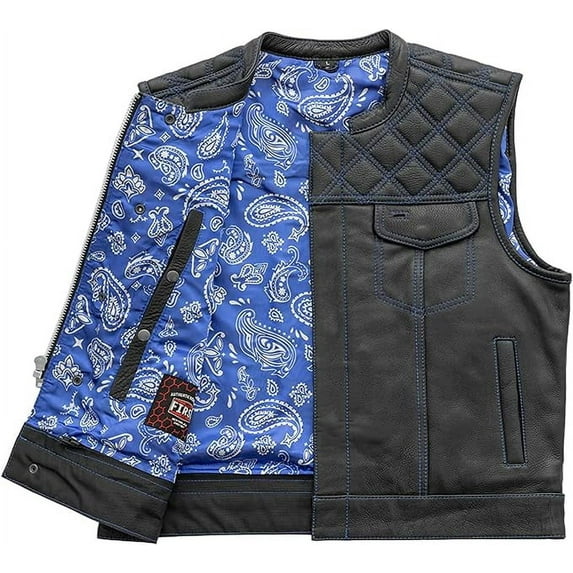 First Mfg Co - Upside - Men's Motorcycle Biker Riding Black Blue Leather Vest - Extra Large