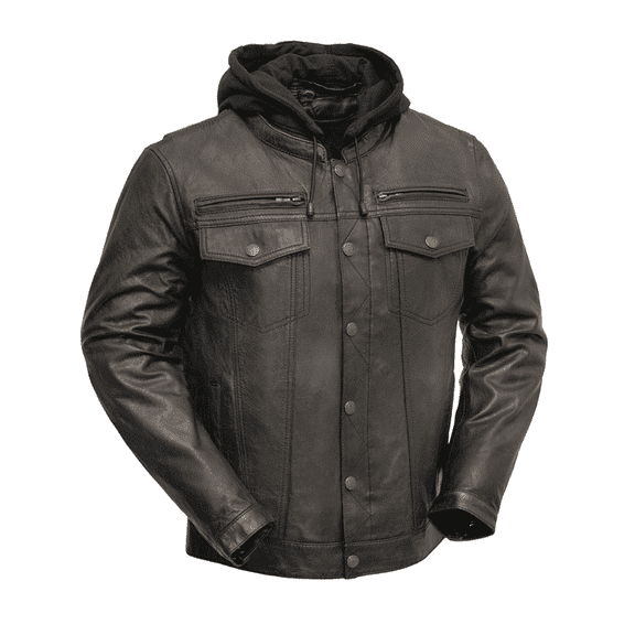 First Mfg Co - Vendetta - Men's Motorcycle Riding Leather Jacket, Bikers Leather Jacket with Removable Hood, CCW & Armor Pockets