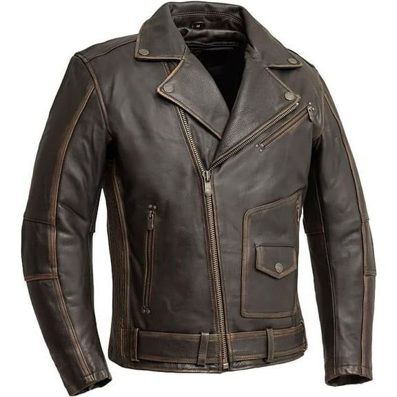 First Mfg Co - Wrath - Men's Motorcycle Biker Riding Brown Beige Leather Jacket - Large - Gussets Grommets Insulated Zip-Out Thermal Liner Accordion back with stretch panels